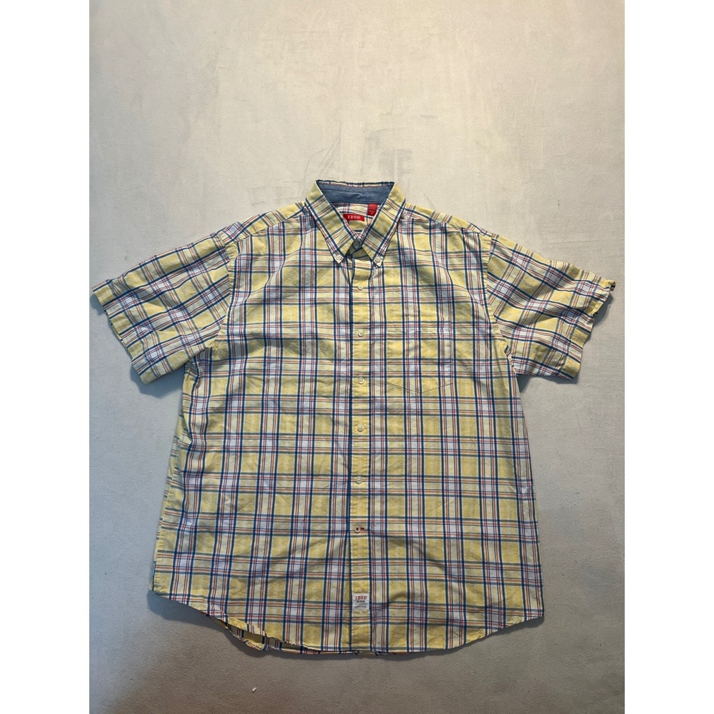 Izod Saltwater Mens XL Yellow Plaid Short Sleeve Button Down Cotton Shirt